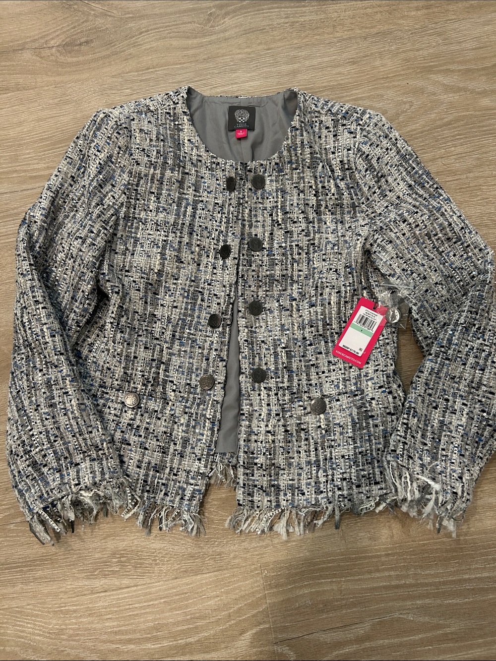 Vince Camuto Blue Gray Tweed Fringe-Trim Jacket